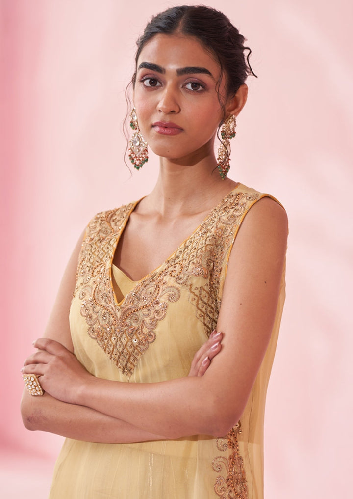 Pale Yellow Organza Embroidered Kurta Sharara Set Studio Bagechaa - Fabilicious Fashion