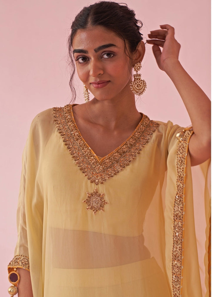 Pale Yellow Organza Kaftan Sharara Set Studio Bagechaa - Fabilicious Fashion