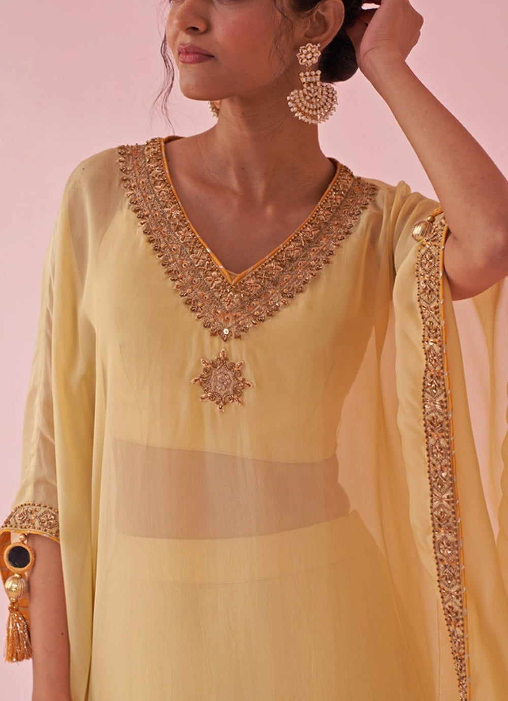 Pale Yellow Organza Kaftan Sharara Set Studio Bagechaa - Fabilicious Fashion