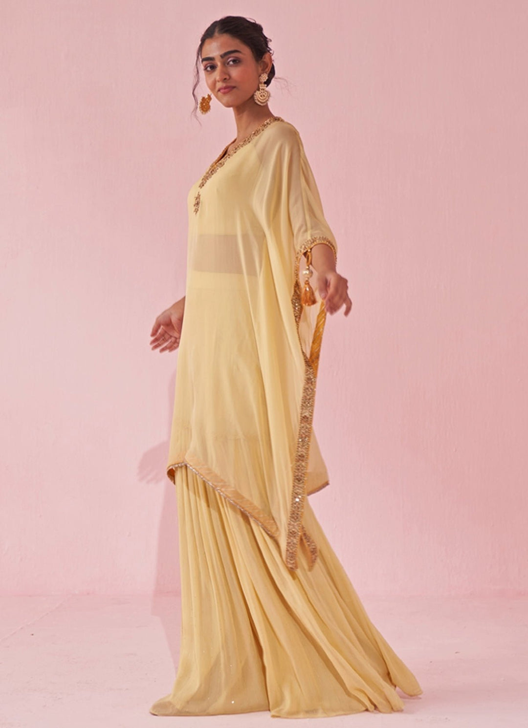 Pale Yellow Organza Kaftan Sharara Set Studio Bagechaa - Fabilicious Fashion