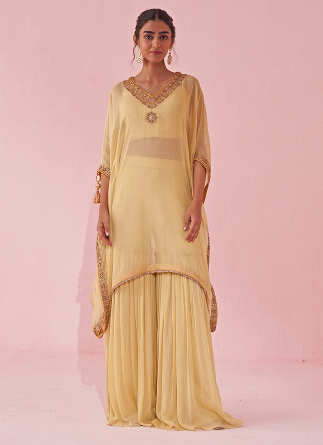 Pale Yellow Organza Kaftan Sharara Set Studio Bagechaa - Fabilicious Fashion