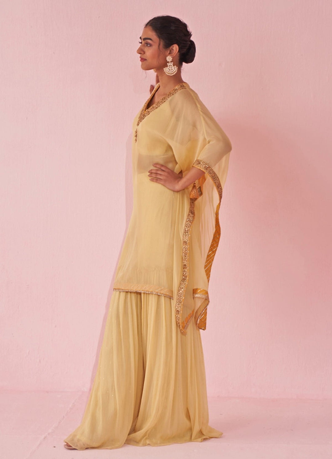 Pale Yellow Organza Kaftan Sharara Set Studio Bagechaa - Fabilicious Fashion