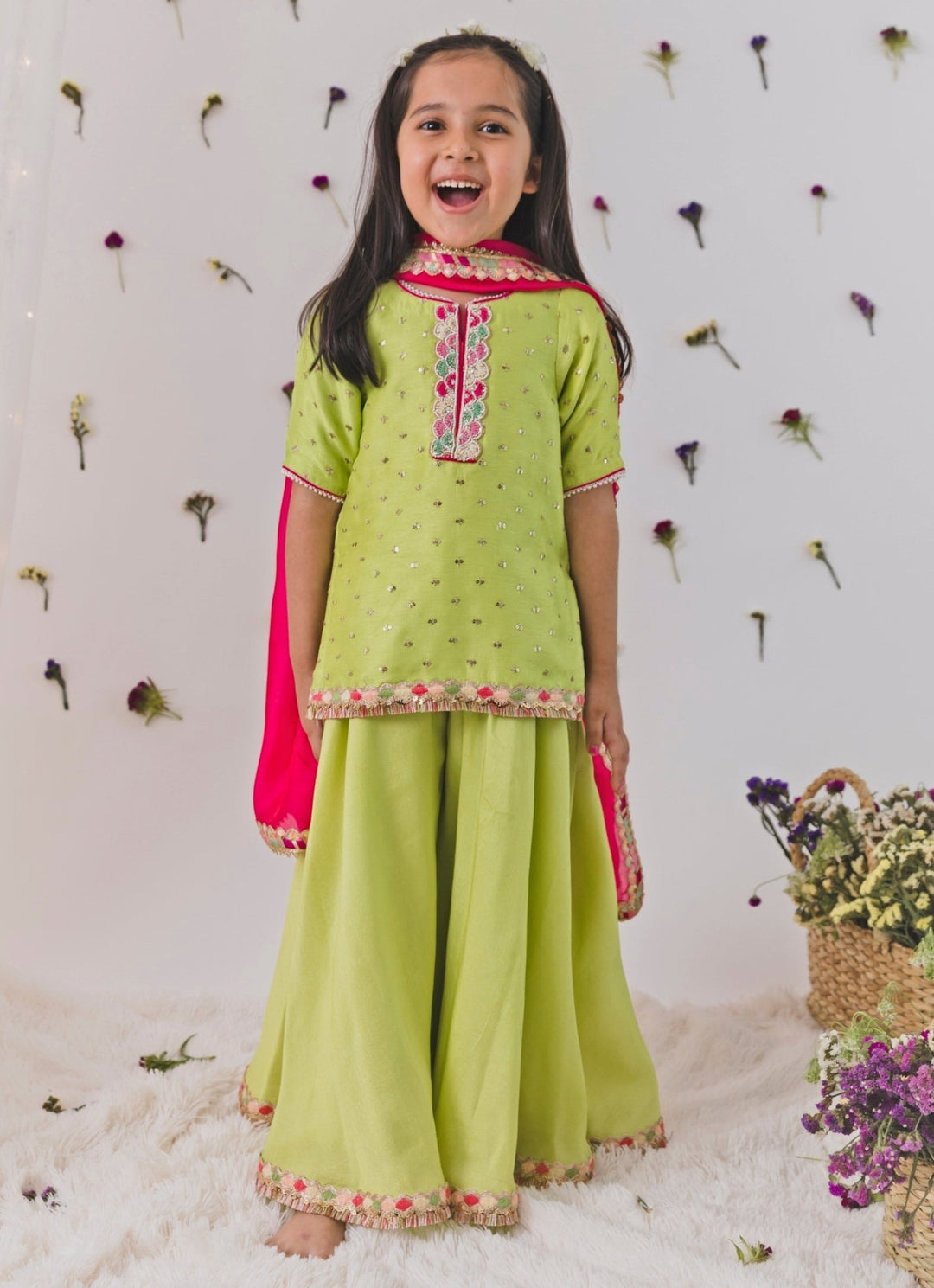 Chotibuti Parrot Green Silk Kurta Sharara SetFabilicious Fashion