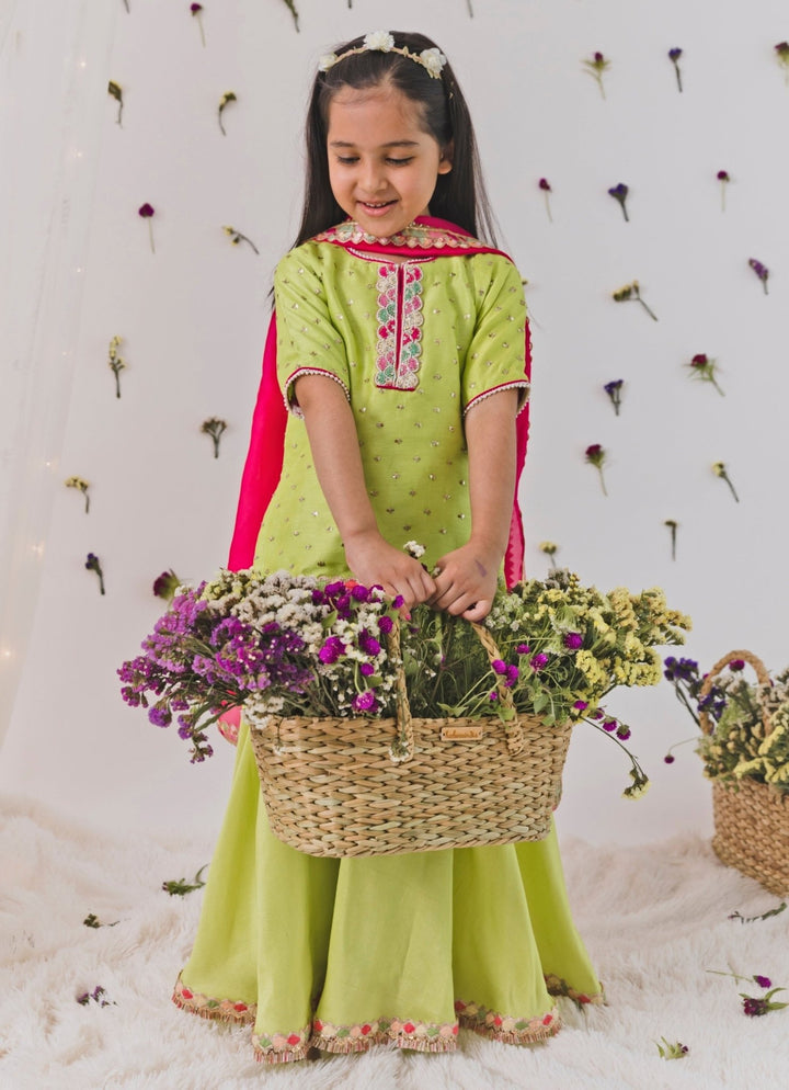 Chotibuti Parrot Green Silk Kurta Sharara SetFabilicious Fashion