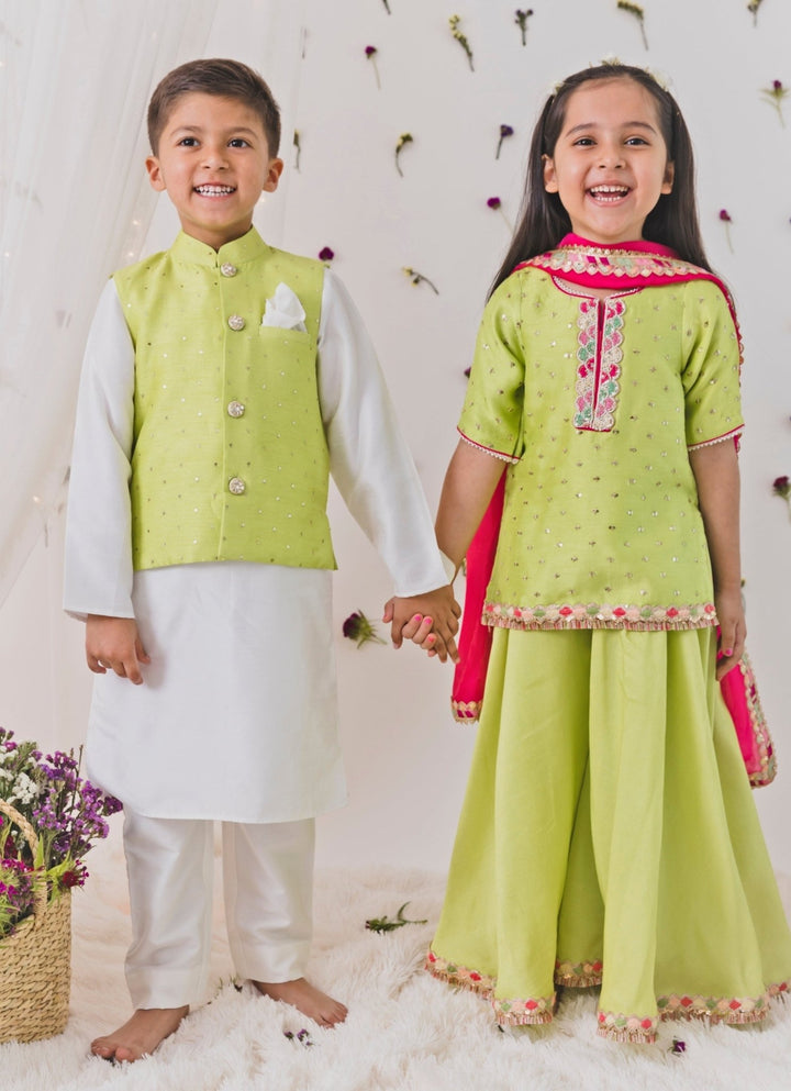 Chotibuti Parrot Green Silk Kurta Sharara SetFabilicious Fashion
