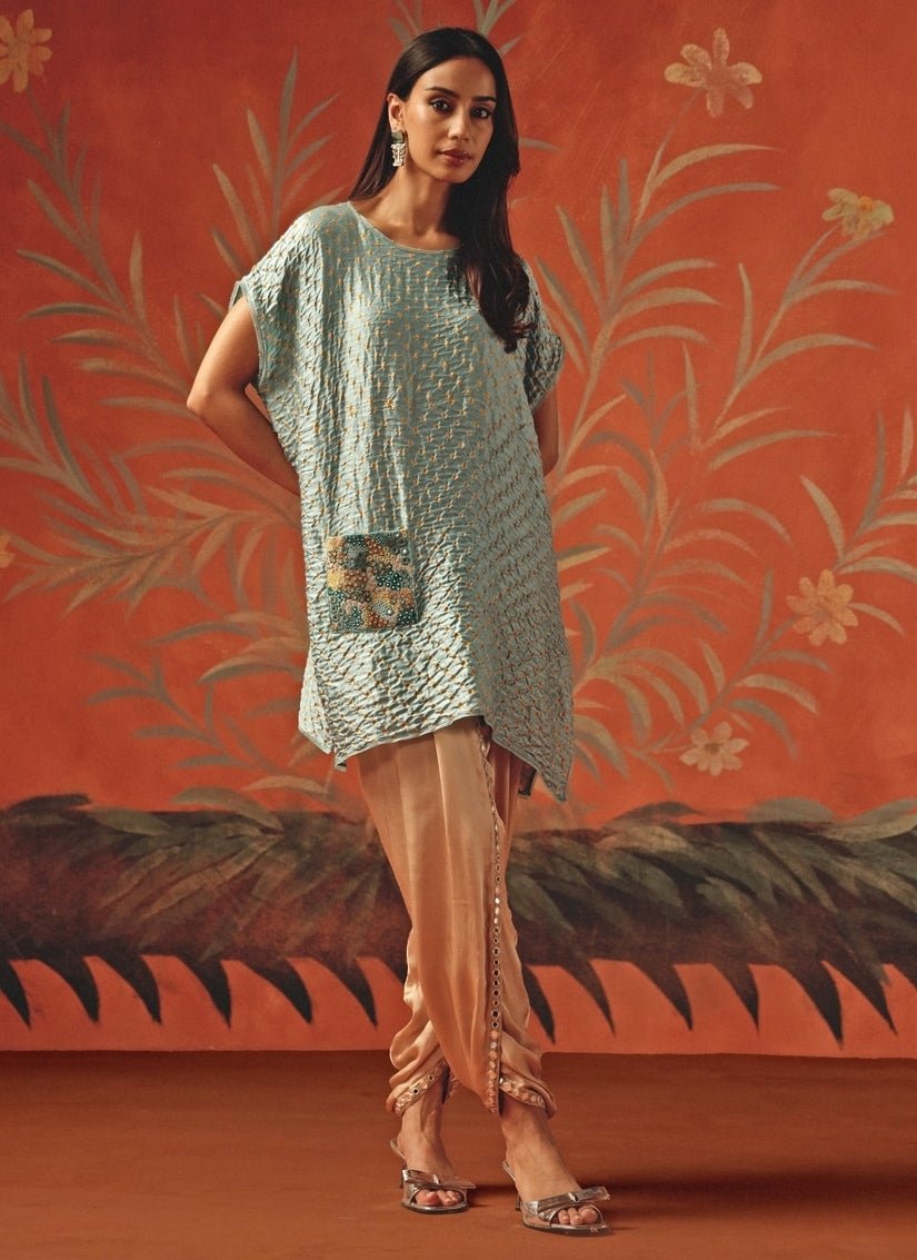 Twenty Nine Pastel Blue And Brown Bandhani Top And DhotiFabilicious Fashion