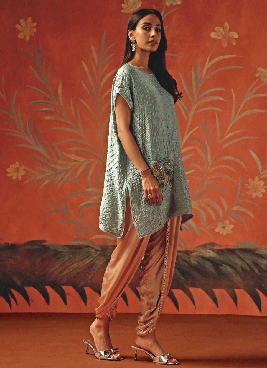 Twenty Nine Pastel Blue And Brown Bandhani Top And DhotiFabilicious Fashion