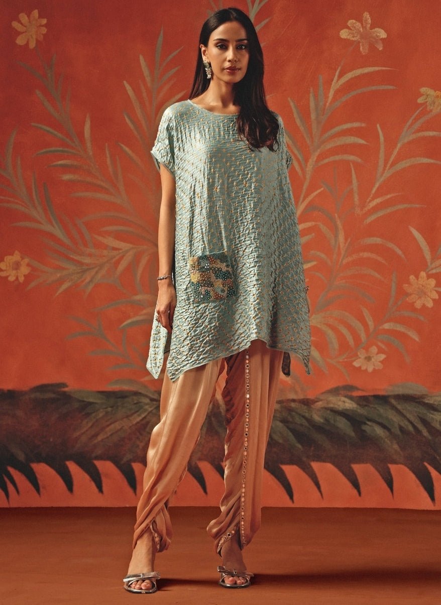 Twenty Nine Pastel Blue And Brown Bandhani Top And DhotiFabilicious Fashion