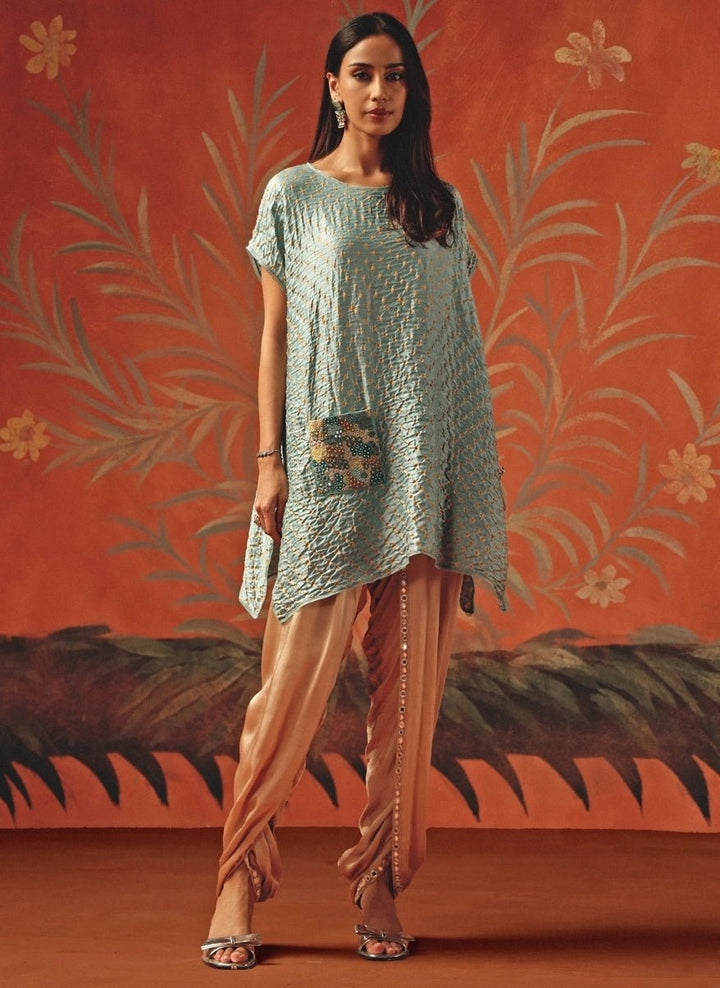 Twenty Nine Pastel Blue And Brown Bandhani Top And DhotiFabilicious Fashion
