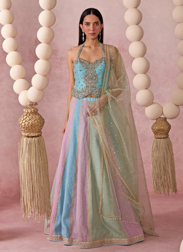 Chamee And Palak Pastel Blue And Multicolor Jamewar Corset Lehenga SetFabilicious Fashion