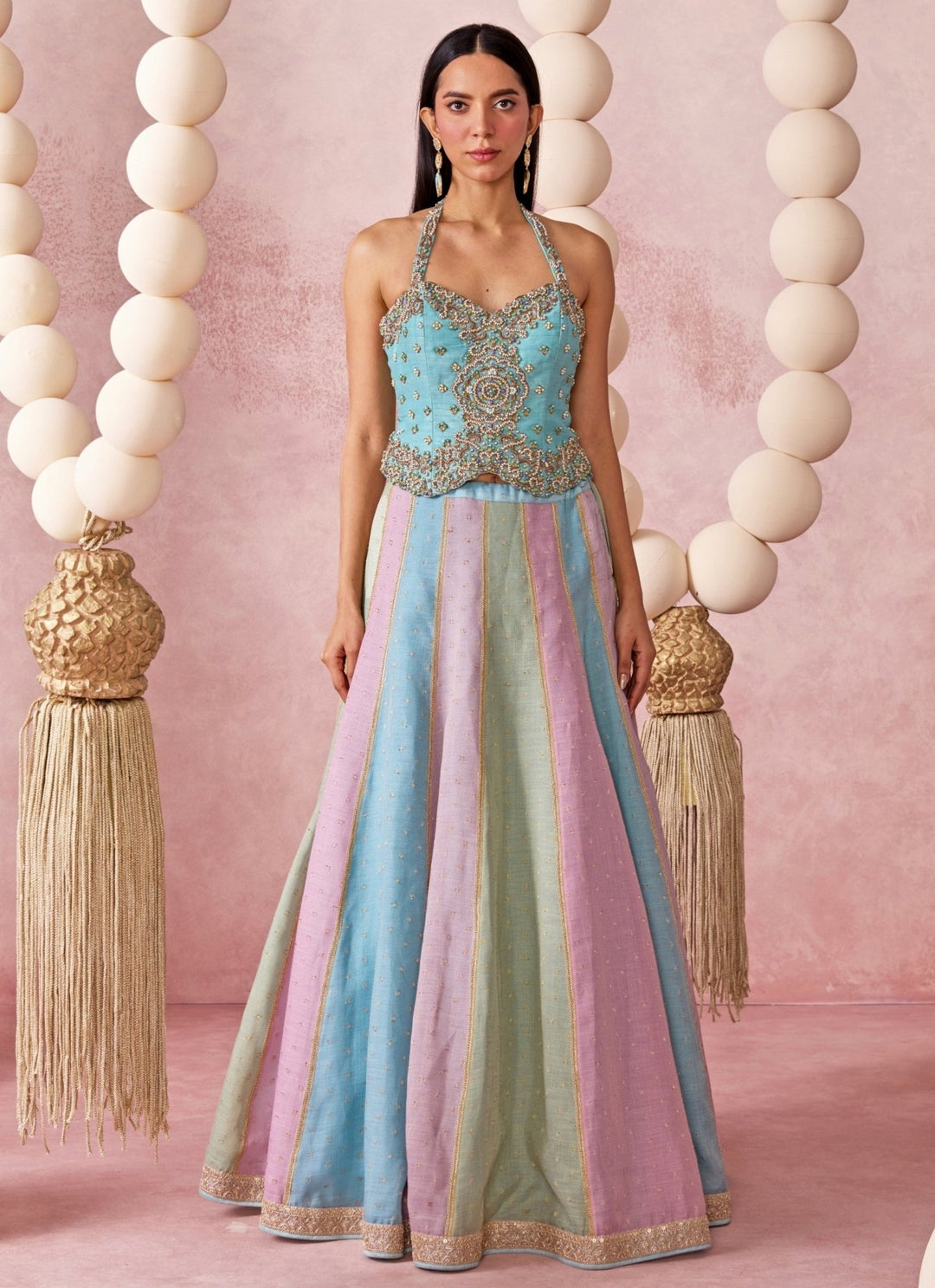Chamee And Palak Pastel Blue And Multicolor Jamewar Corset Lehenga SetFabilicious Fashion