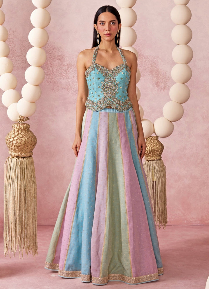 Chamee And Palak Pastel Blue And Multicolor Jamewar Corset Lehenga SetFabilicious Fashion