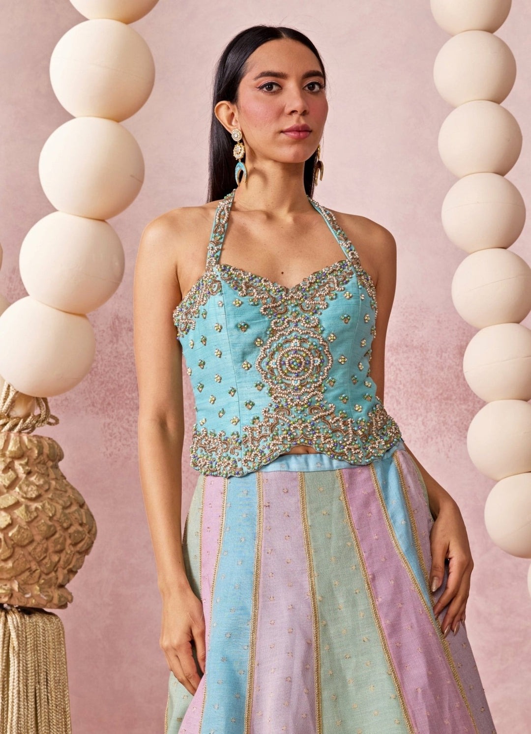 Chamee And Palak Pastel Blue And Multicolor Jamewar Corset Lehenga SetFabilicious Fashion