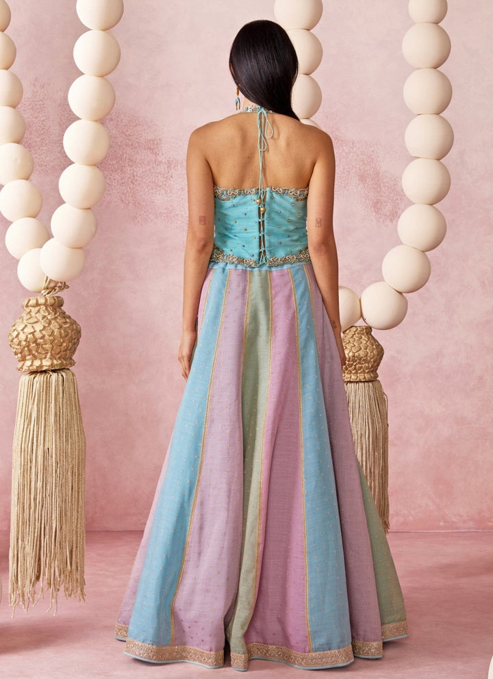 Chamee And Palak Pastel Blue And Multicolor Jamewar Corset Lehenga SetFabilicious Fashion