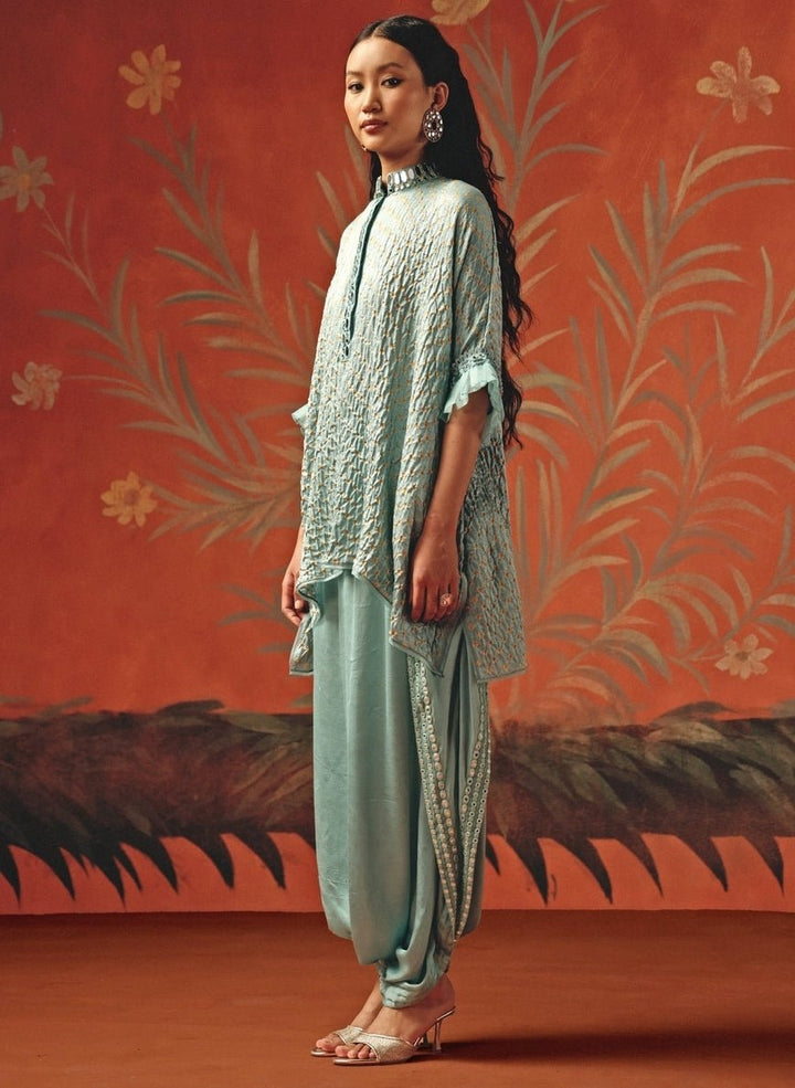 Twenty Nine Pastel Blue Bandhani Top And DhotiFabilicious Fashion
