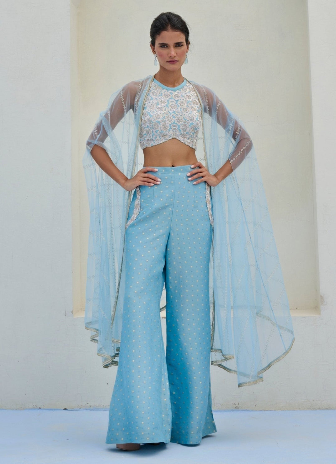 Pastel Blue Brocade Pant Cape Set Chamee and Palak - Fabilicious Fashion
