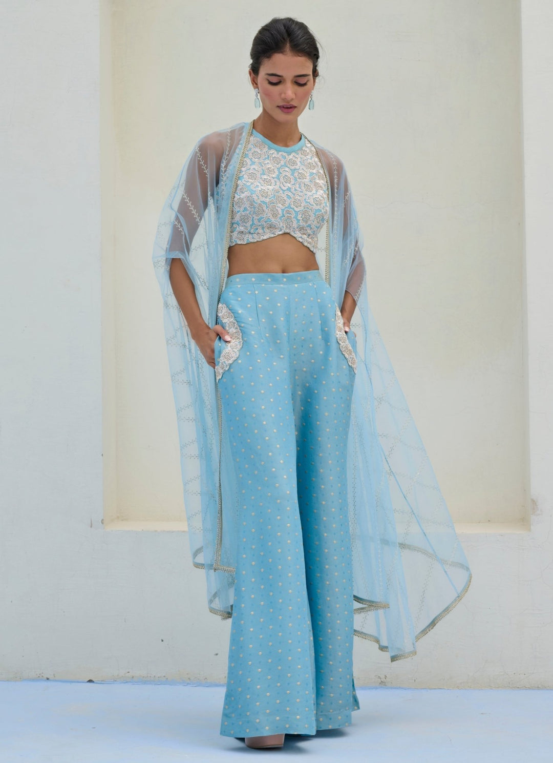 Pastel Blue Brocade Pant Cape Set Chamee and Palak - Fabilicious Fashion