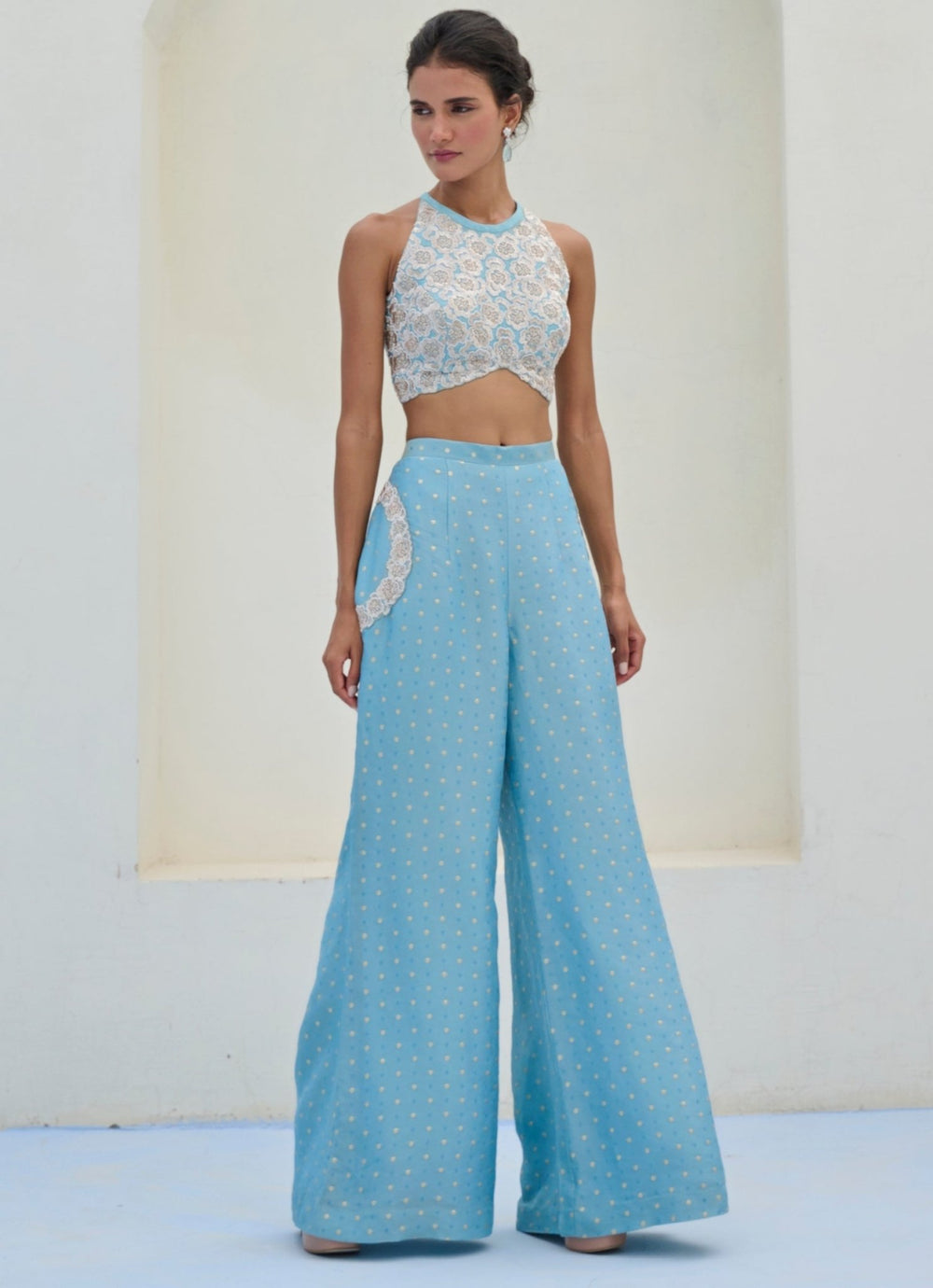 Pastel Blue Brocade Pant Cape Set Chamee and Palak - Fabilicious Fashion