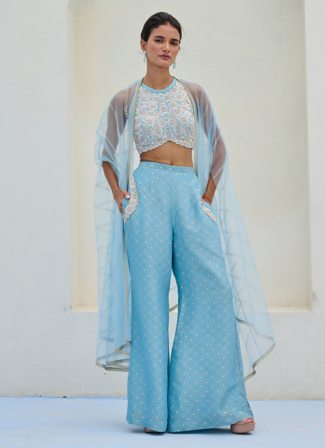 Pastel Blue Brocade Pant Cape Set Chamee and Palak - Fabilicious Fashion