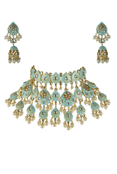 Pastel Blue Choker Heavy Necklace Set Riana by Shikha Jindal - Fabilicious Fashion