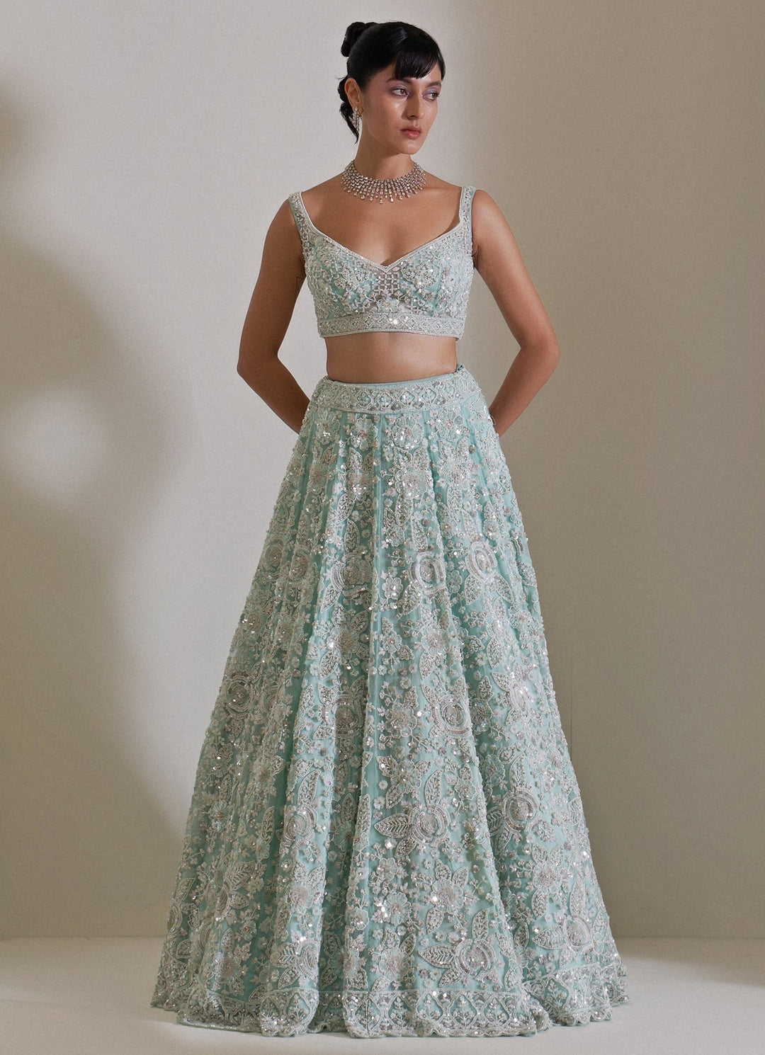 Pastel Blue Crystal Embroidered Lehenga Set Angad Singh - Fabilicious Fashion