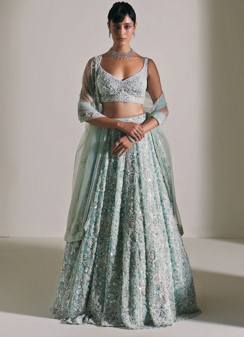Pastel Blue Crystal Embroidered Lehenga
