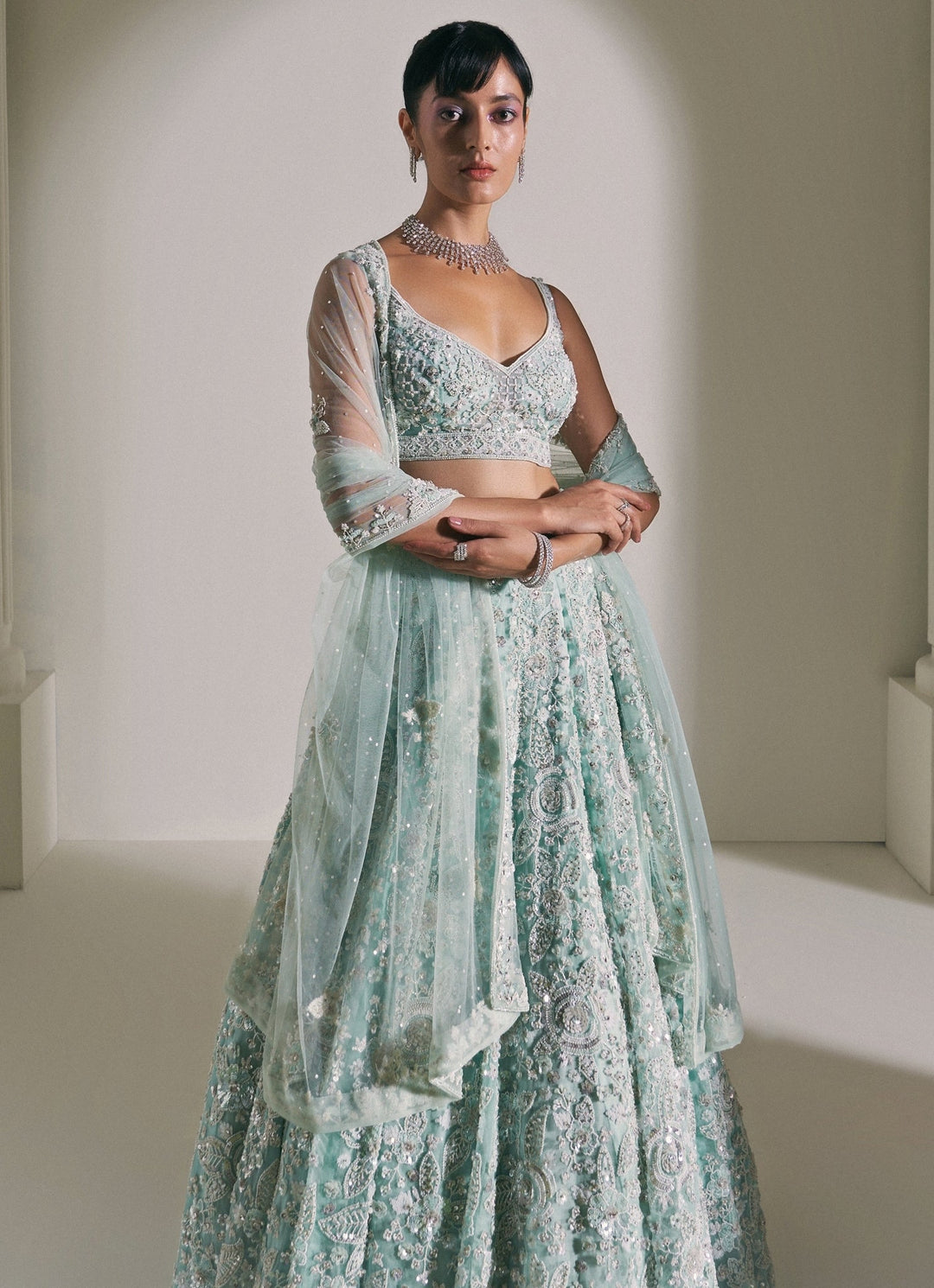 Pastel Blue Crystal Embroidered Lehenga Set Angad Singh - Fabilicious Fashion
