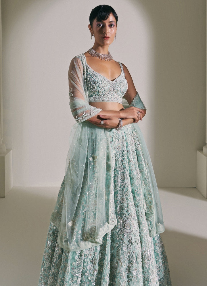 Pastel Blue Crystal Embroidered Lehenga Set Angad Singh - Fabilicious Fashion