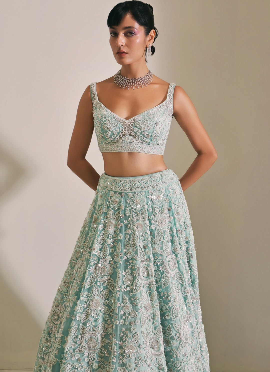Pastel Blue Crystal Embroidered Lehenga Set Angad Singh - Fabilicious Fashion