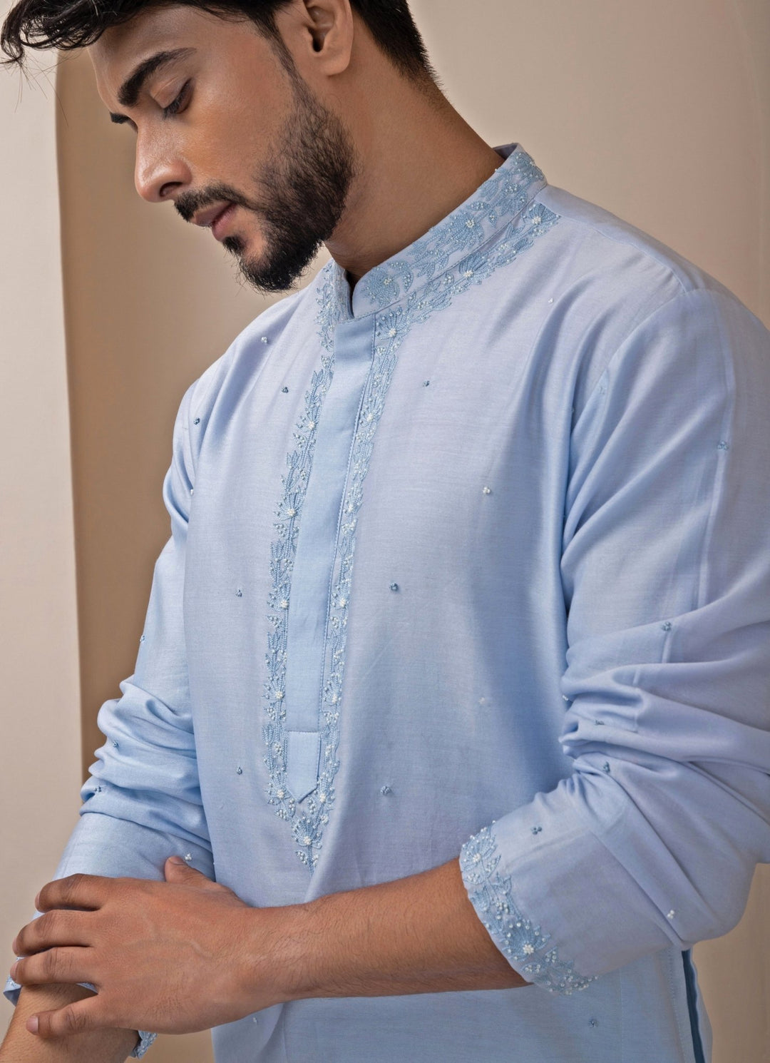 Pastel Blue Embroidered Chanderi Kurta Pants Set Smriti - Fabilicious Fashion
