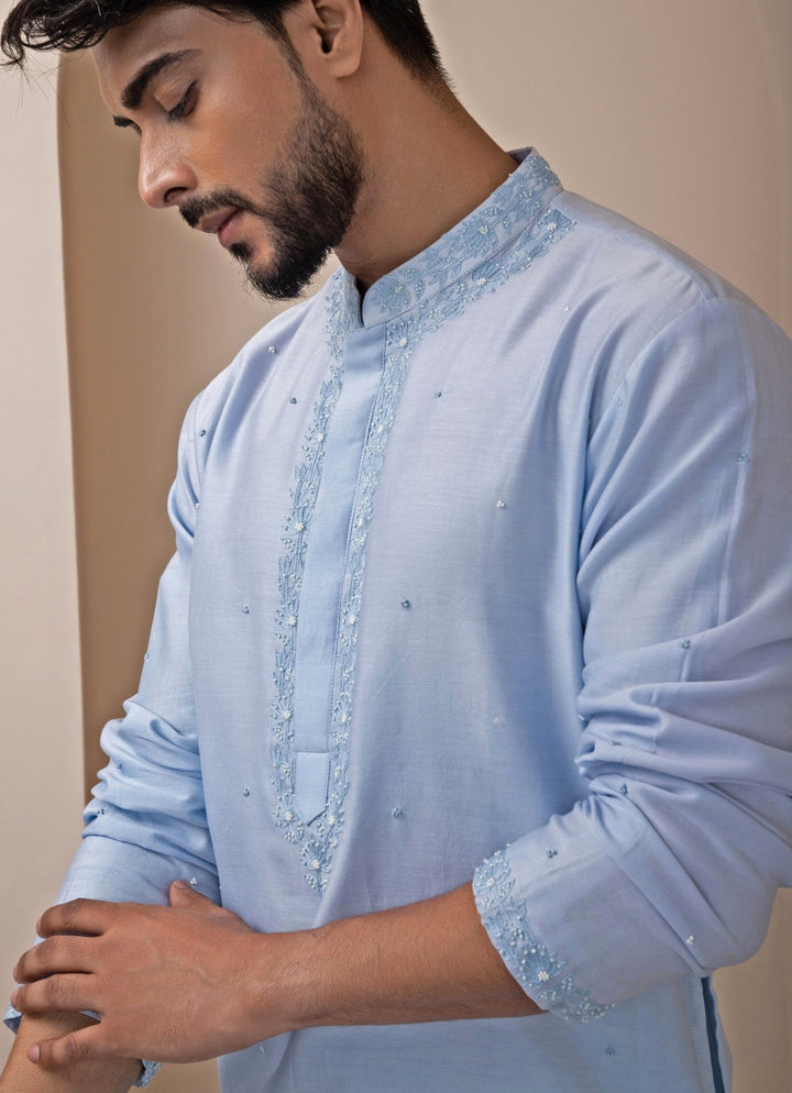 Pastel Blue Embroidered Chanderi Kurta Pants Set Smriti - Fabilicious Fashion
