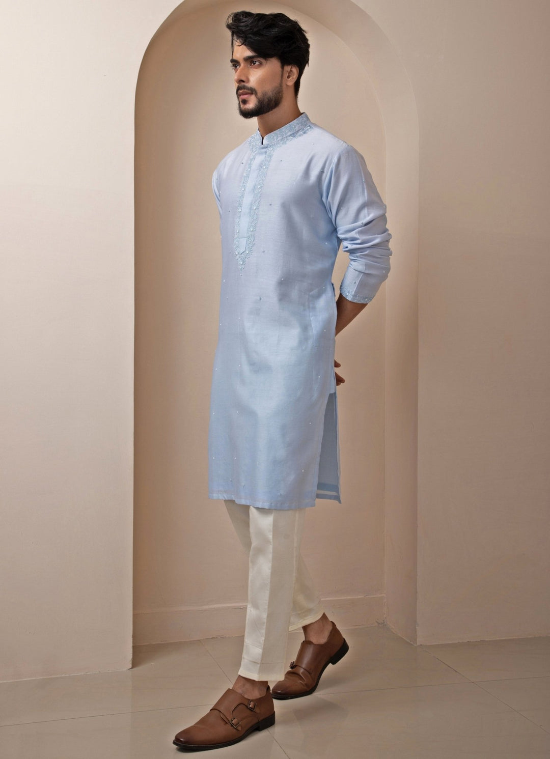 Pastel Blue Embroidered Chanderi Kurta Pants Set Smriti - Fabilicious Fashion