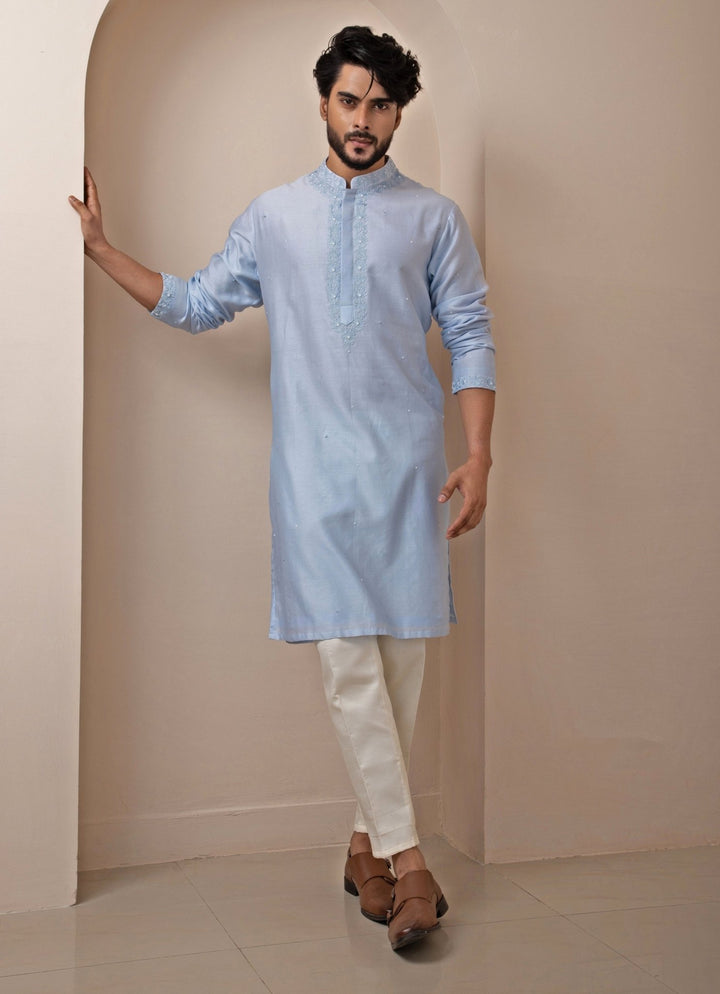 Pastel Blue Embroidered Chanderi Kurta Pants Set Smriti - Fabilicious Fashion