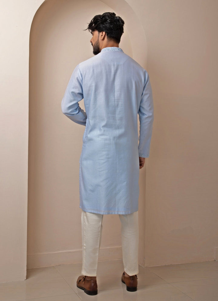 Pastel Blue Embroidered Chanderi Kurta Pants Set Smriti - Fabilicious Fashion
