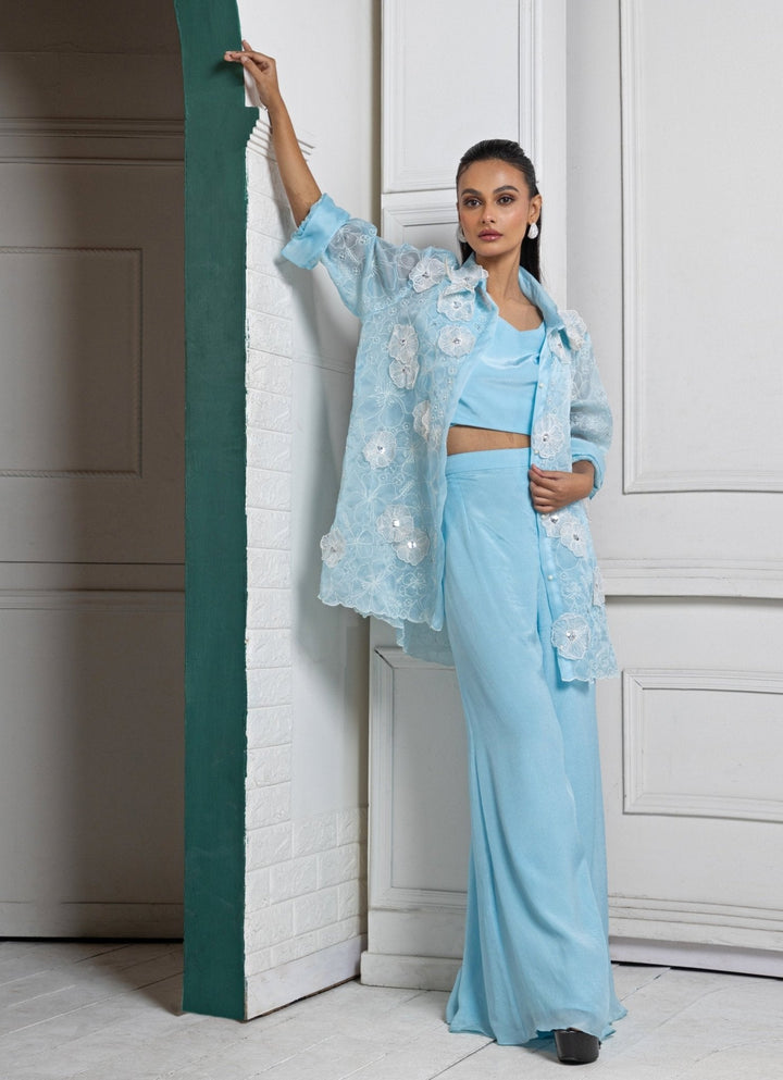 Pastel Blue Embroidered Jacket Palazzo Set Smriti - Fabilicious Fashion