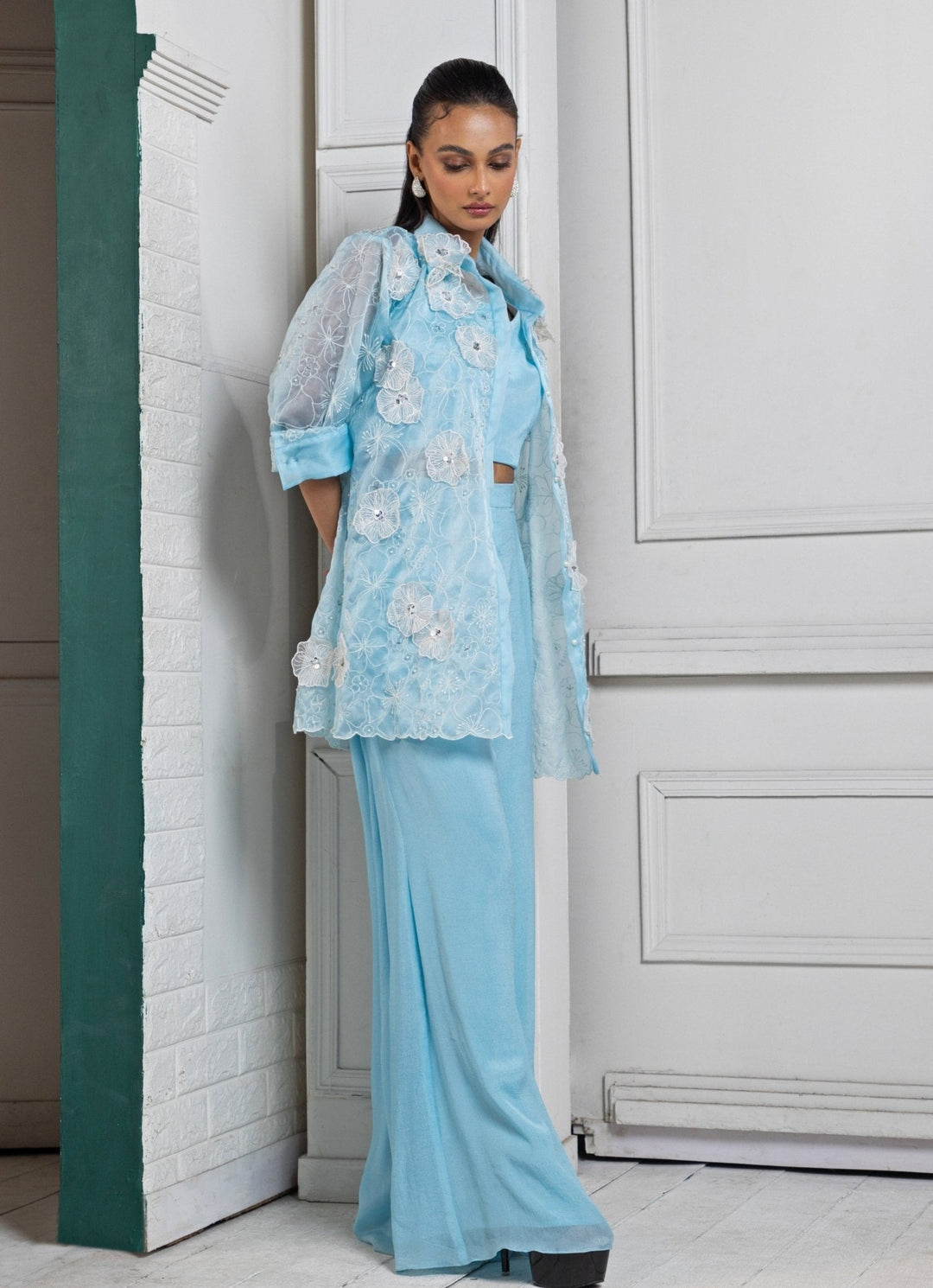 Pastel Blue Embroidered Jacket Palazzo Set Smriti - Fabilicious Fashion