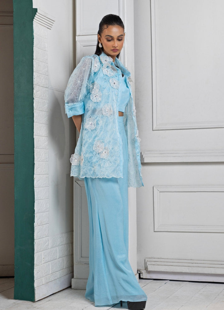 Pastel Blue Embroidered Jacket Palazzo Set Smriti - Fabilicious Fashion