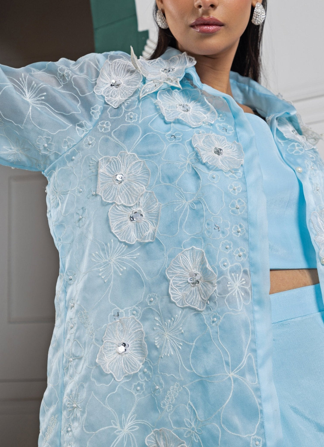 Pastel Blue Embroidered Jacket Palazzo Set Smriti - Fabilicious Fashion