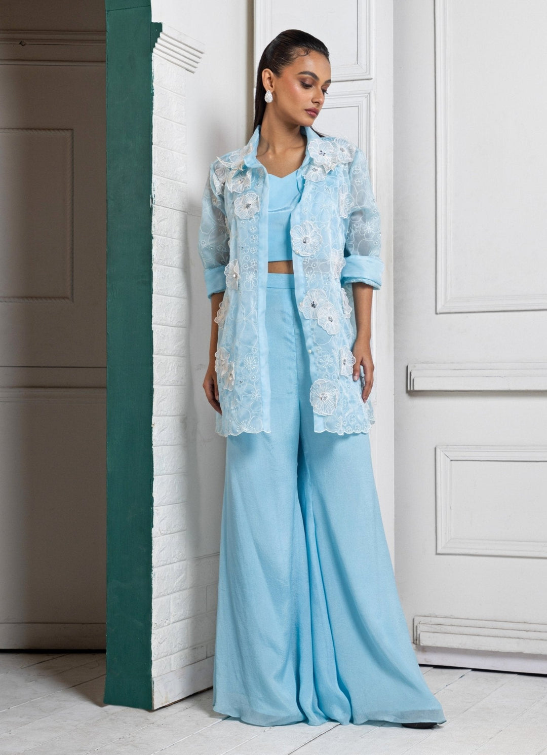 Pastel Blue Embroidered Jacket Palazzo Set Smriti - Fabilicious Fashion