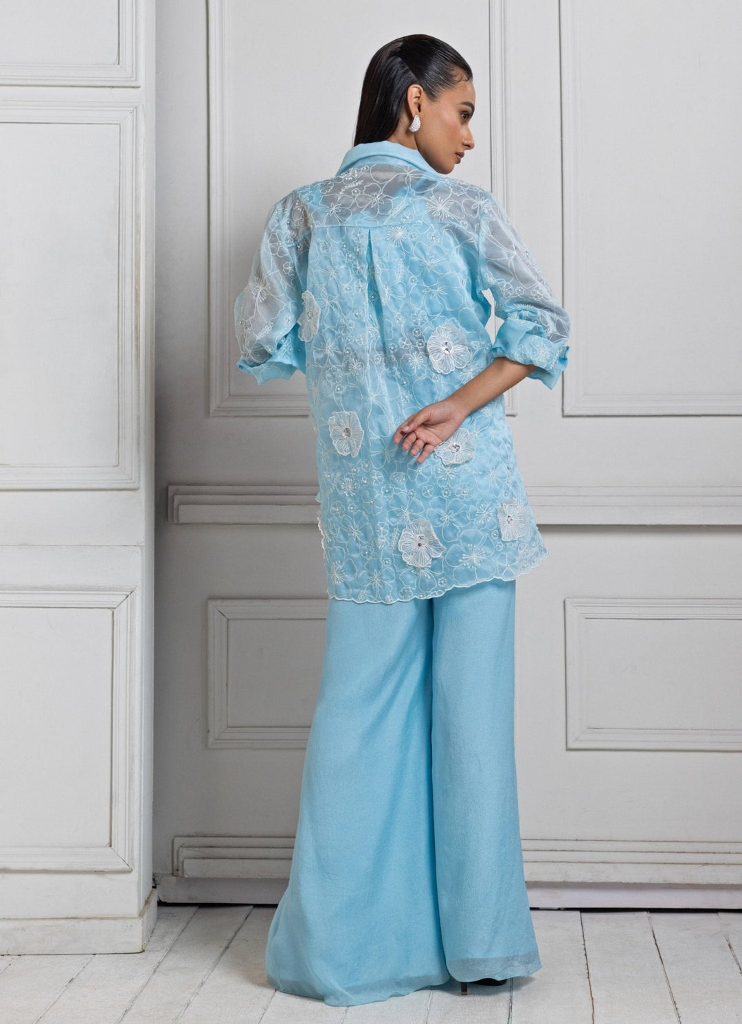 Pastel Blue Embroidered Jacket Palazzo Set Smriti - Fabilicious Fashion