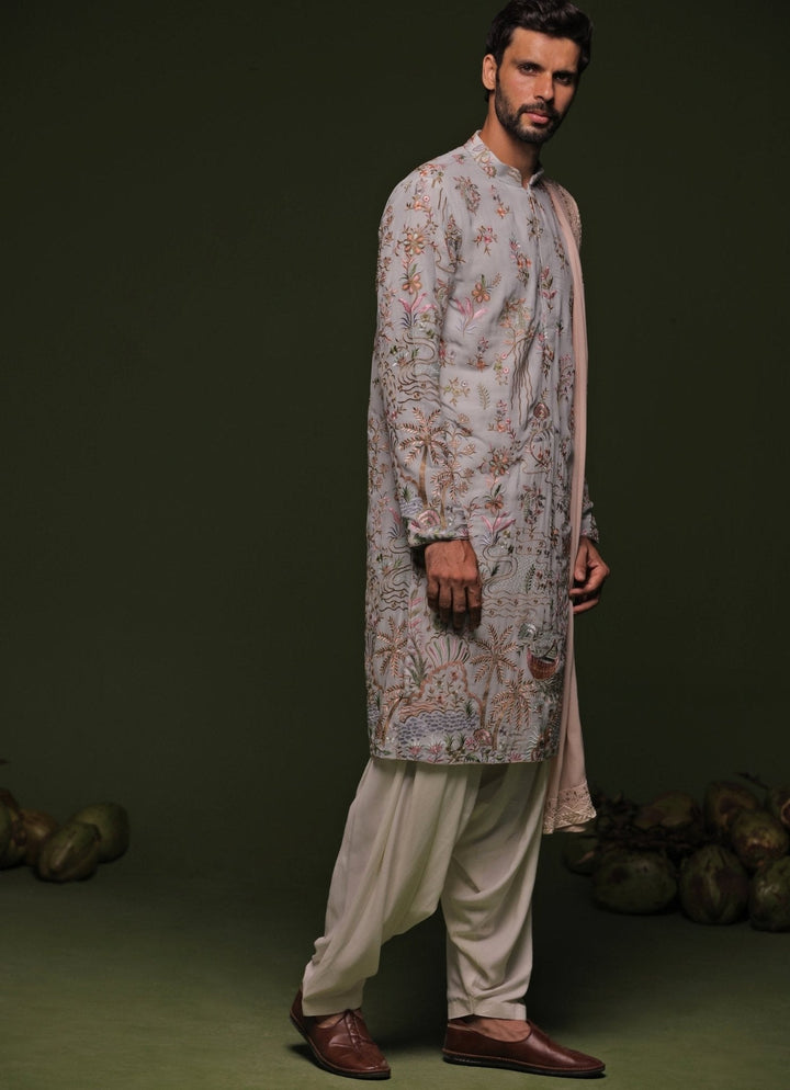 Pastel Blue Embroidered Kurta Patiala Pant Set With Dupatta Kalpraag - Fabilicious Fashion