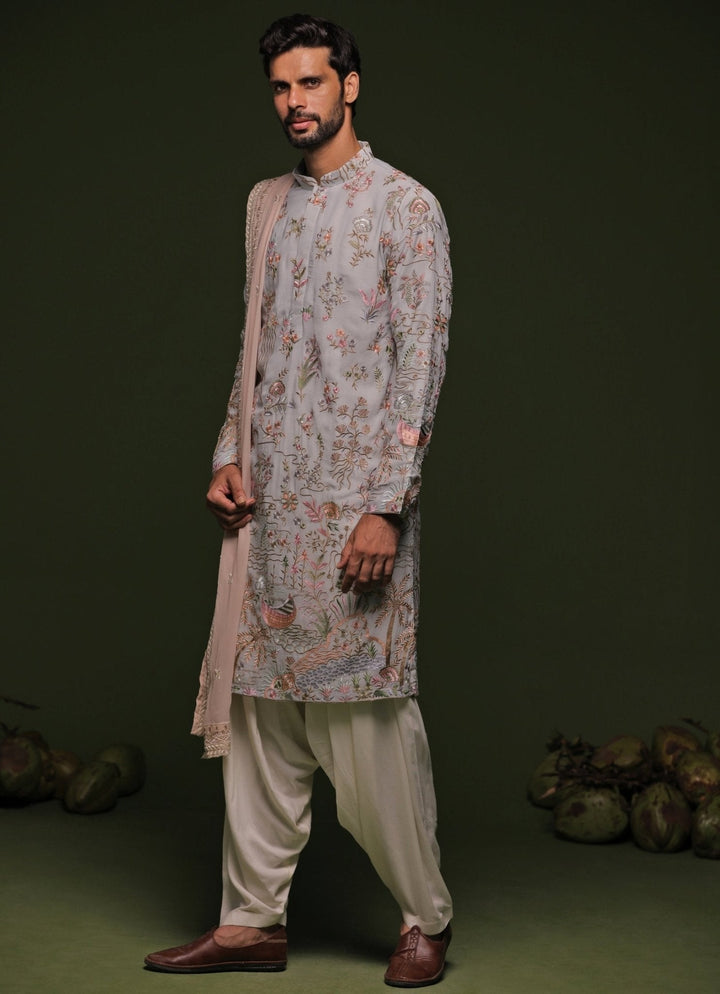 Pastel Blue Embroidered Kurta Patiala Pant Set With Dupatta Kalpraag - Fabilicious Fashion