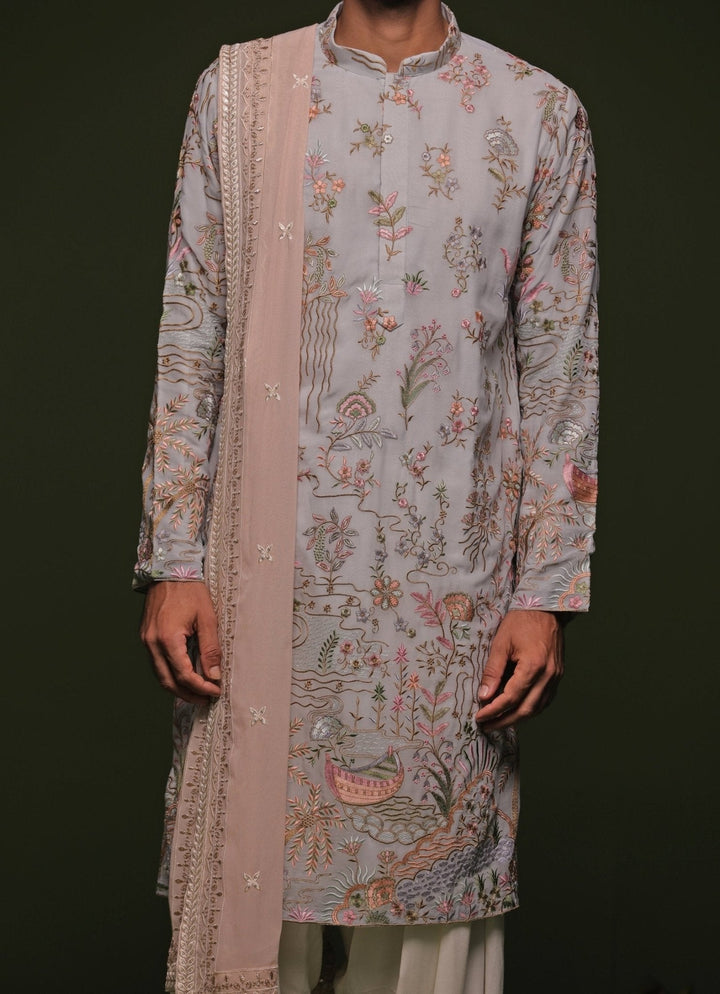 Pastel Blue Embroidered Kurta Patiala Pant Set With Dupatta Kalpraag - Fabilicious Fashion