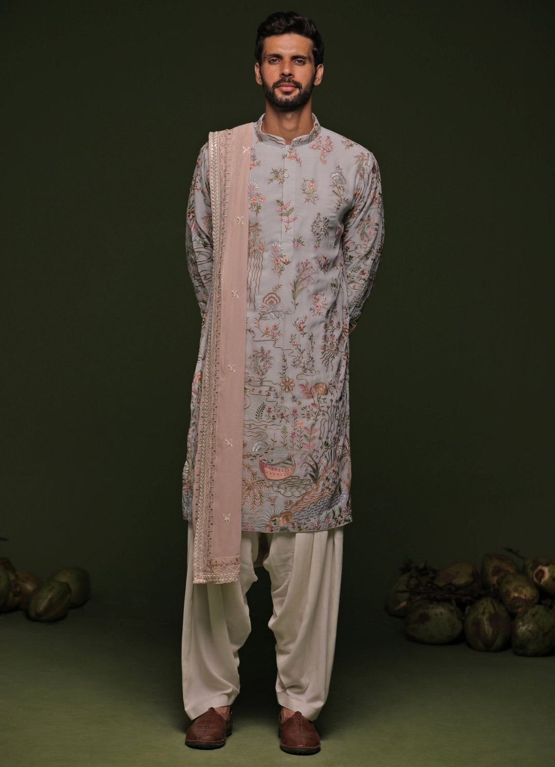 Pastel Blue Embroidered Kurta Patiala Pant Set With Dupatta Kalpraag - Fabilicious Fashion