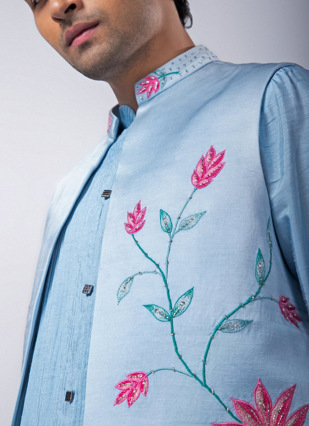 Pastel Blue Embroidered Nehru Jacket with Kurta Set Smriti - Fabilicious Fashion