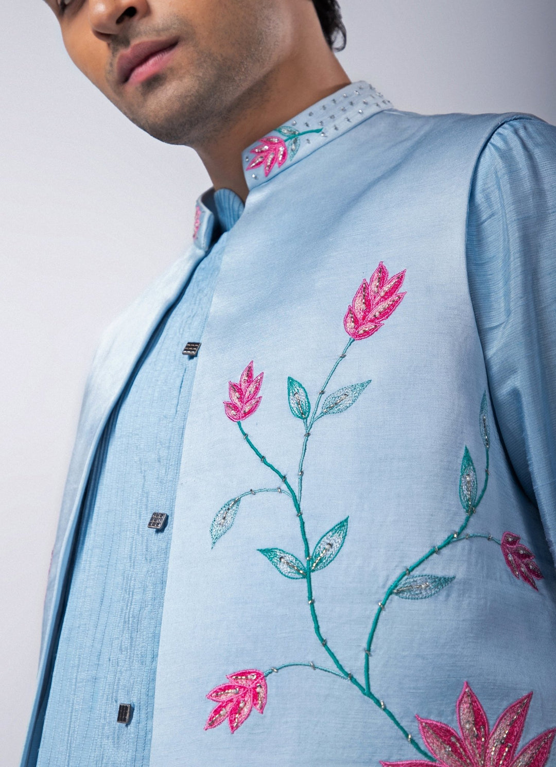 Pastel Blue Embroidered Nehru Jacket with Kurta Set Smriti - Fabilicious Fashion