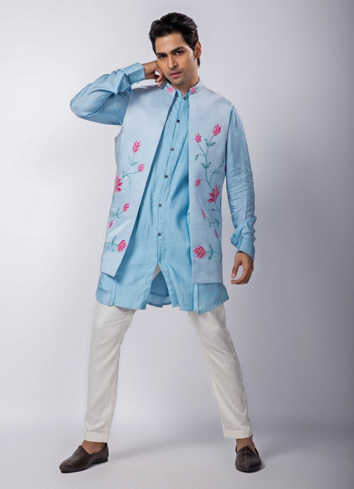 Pastel Blue Embroidered Nehru Jacket with Kurta Set Smriti - Fabilicious Fashion