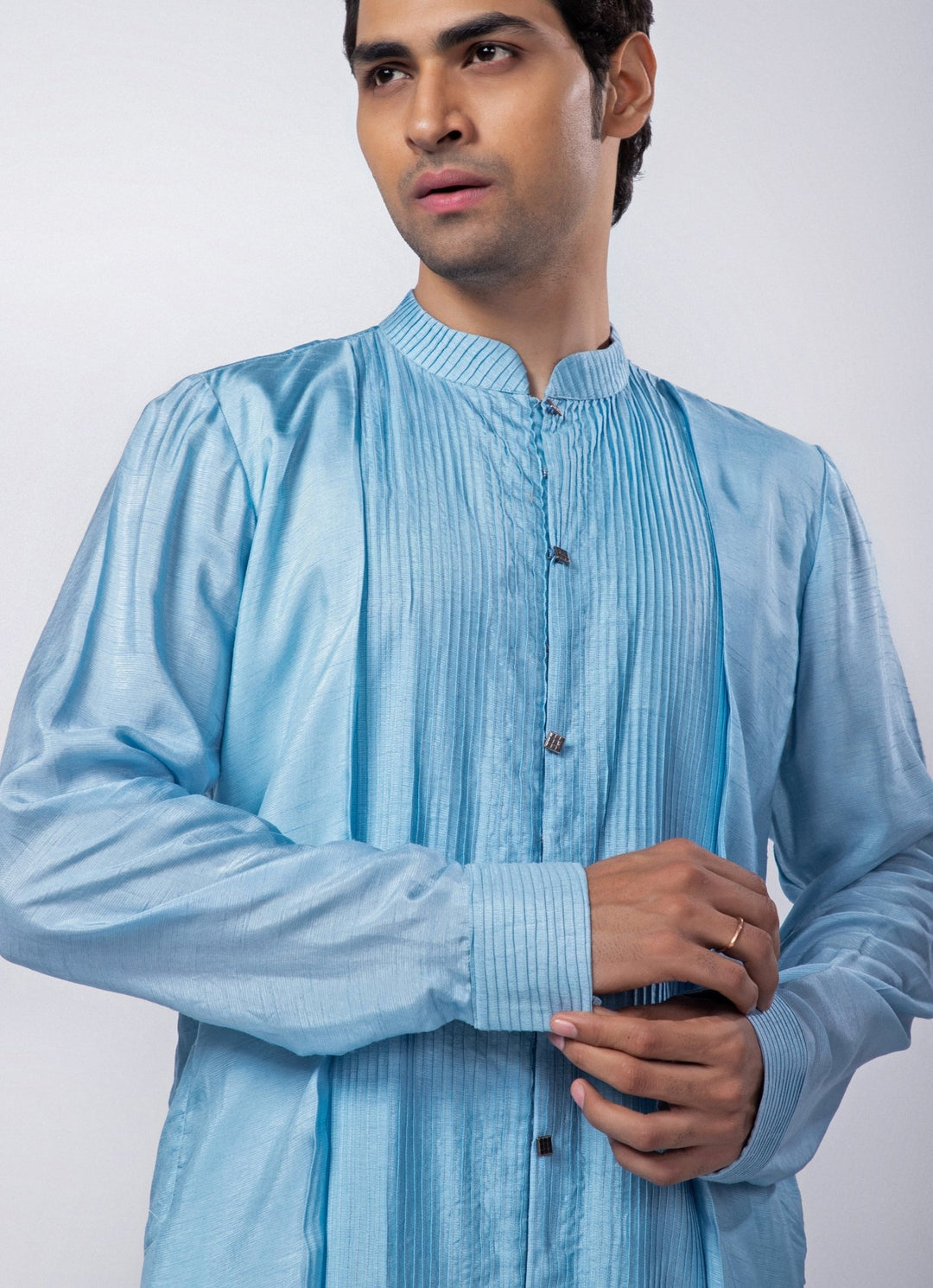 Pastel Blue Embroidered Nehru Jacket with Kurta Set Smriti - Fabilicious Fashion