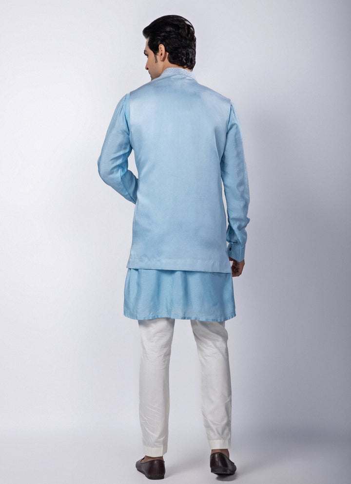 Pastel Blue Embroidered Nehru Jacket with Kurta Set Smriti - Fabilicious Fashion