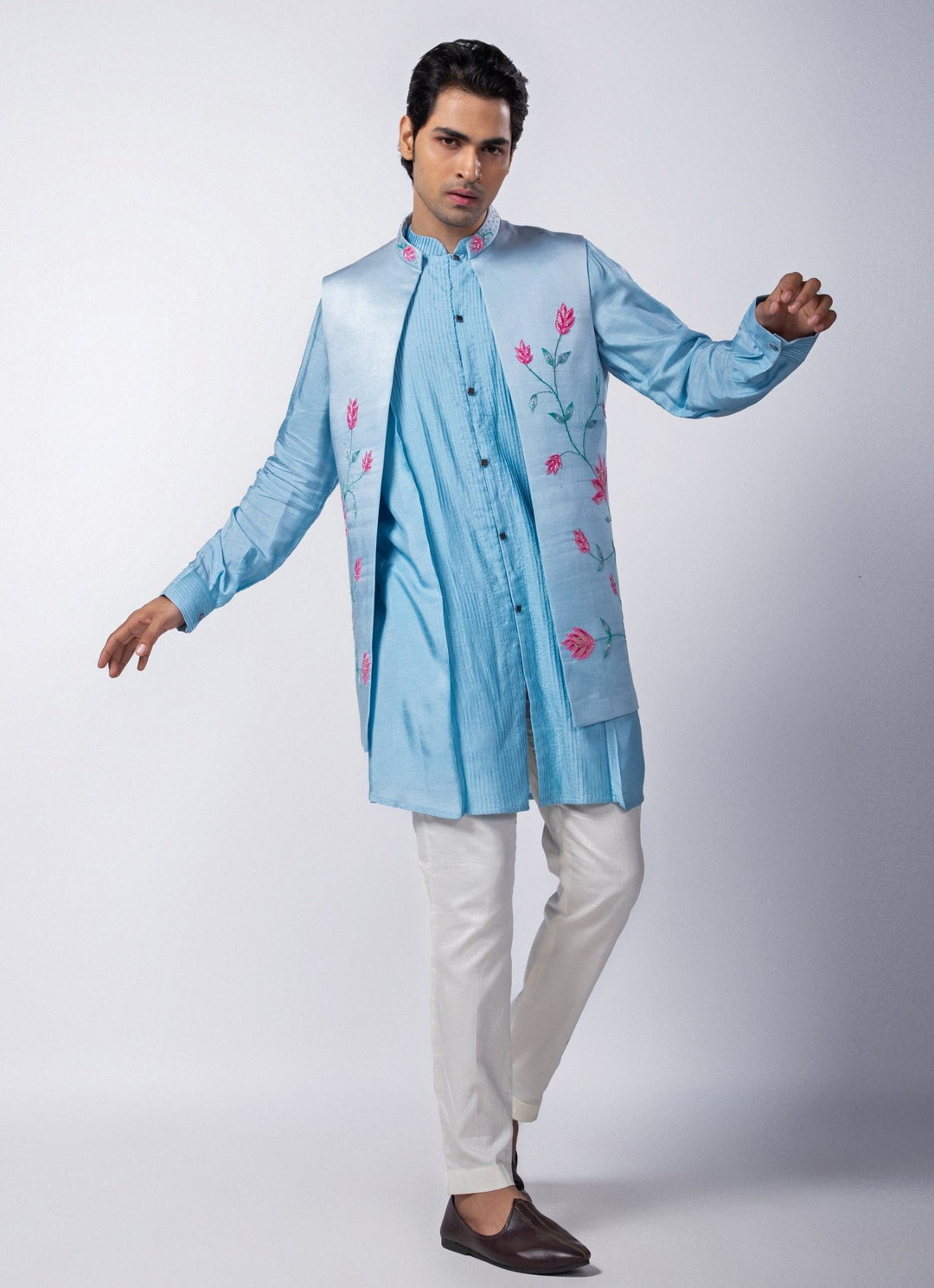 Pastel Blue Embroidered Nehru Jacket Smriti - Fabilicious Fashion
